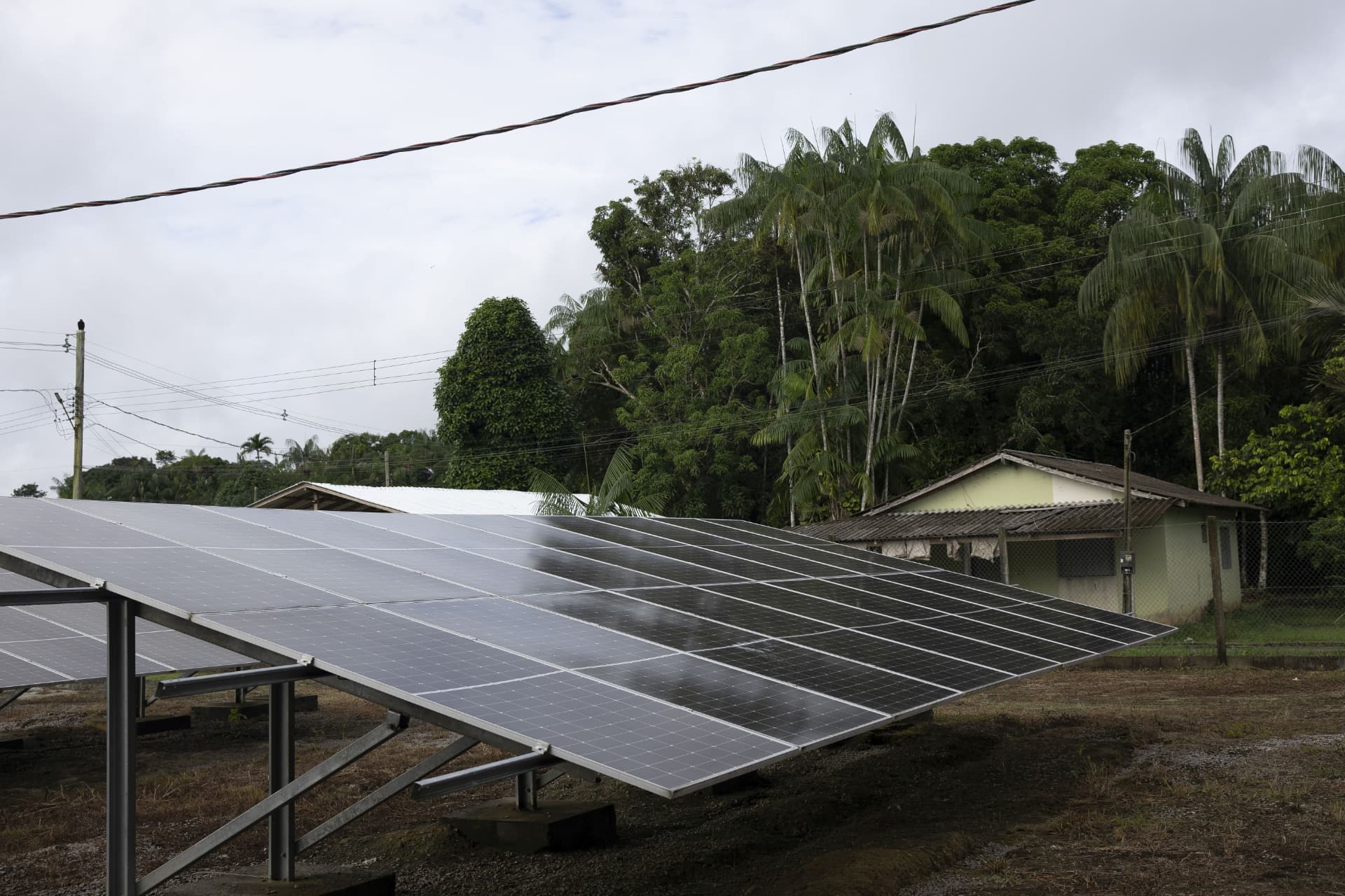 Painéis solares instalados ao lado de casas de uma comunidade cercada por palmeiras