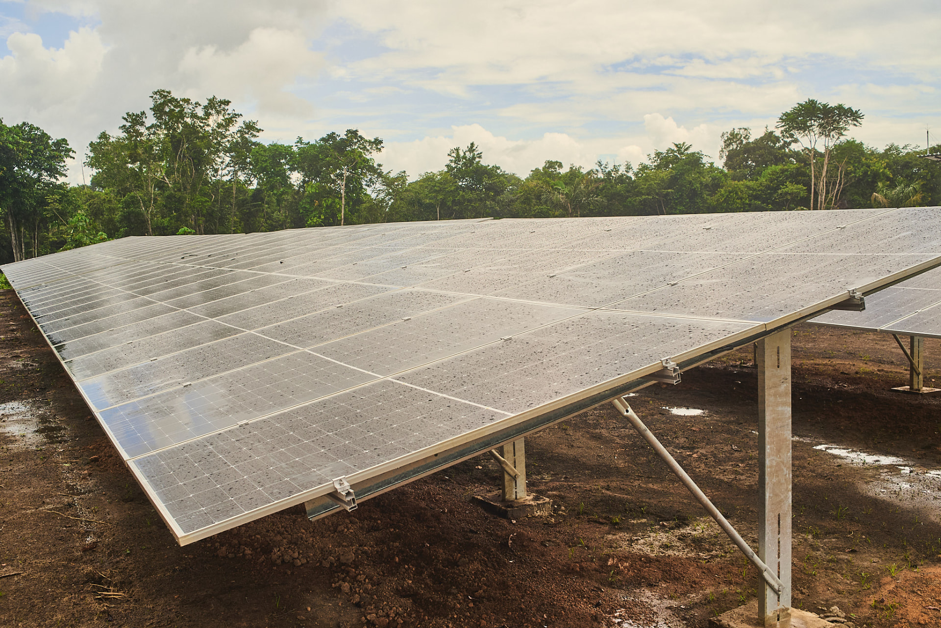Fileiras de painéis fotovoltaicos instalados em clareira na Amazônia