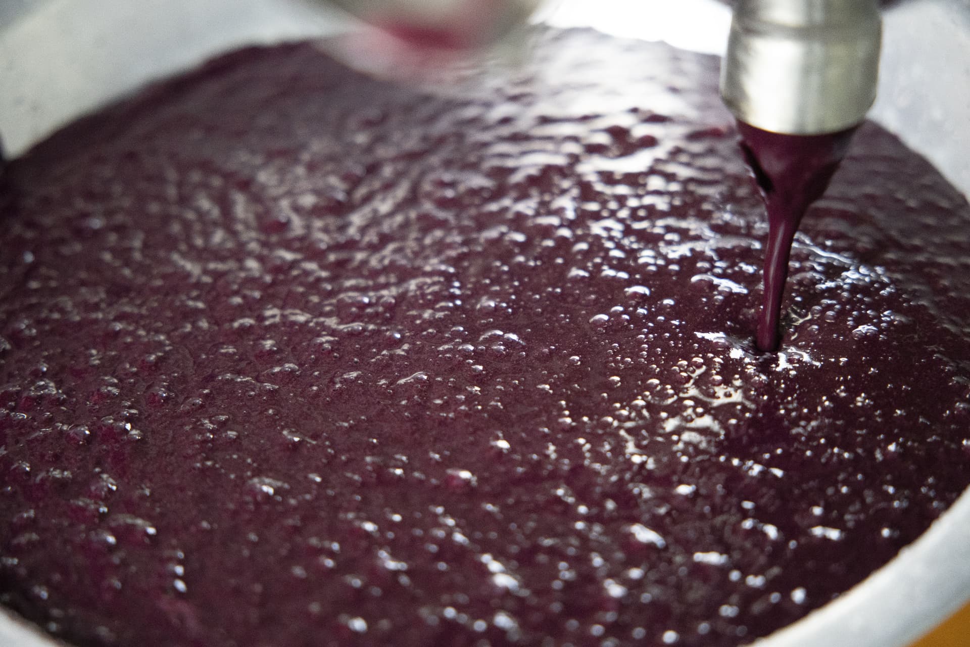 Polpa de açaí sendo processada em equipamento de beneficiamento